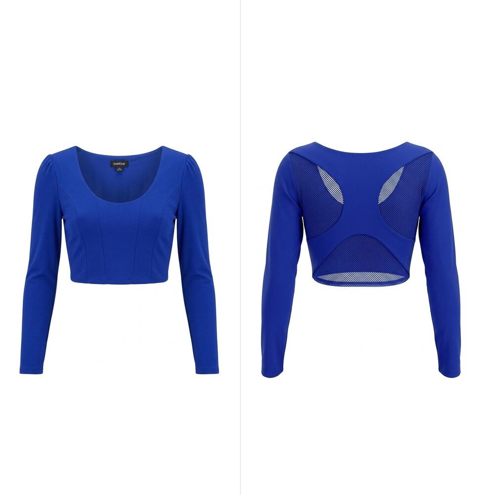 bebe Blue Cropped Long Sleeve Open Back Top Scoop Neck Women Size XXS